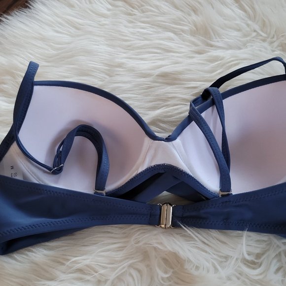 Two Piece Twist Simons Bikini Swimsuit Dark Blue Feather Print Spaghetti Strap M - Picture 11 of 12